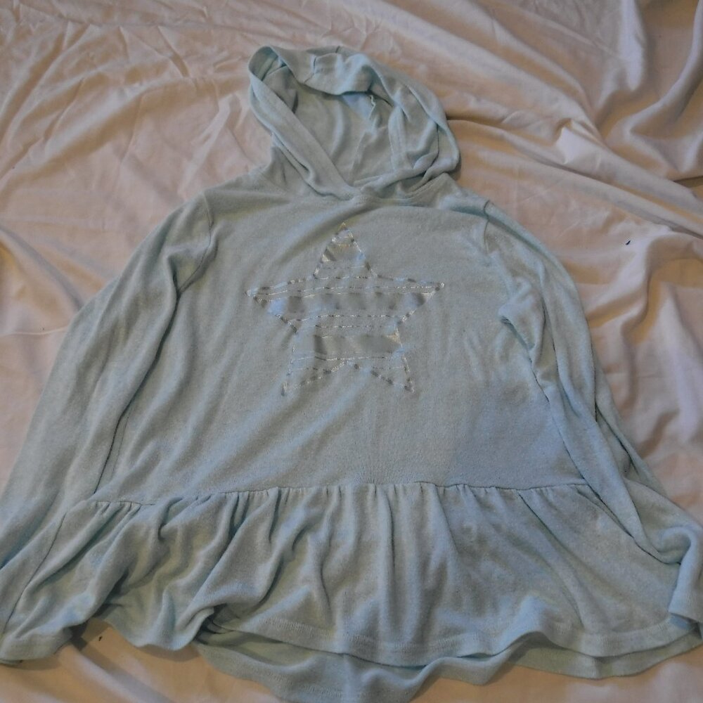 OshKosh B'gosh Girls Size 10-12 Light Blue Hooded Long Sleeve Shirt Star Logo